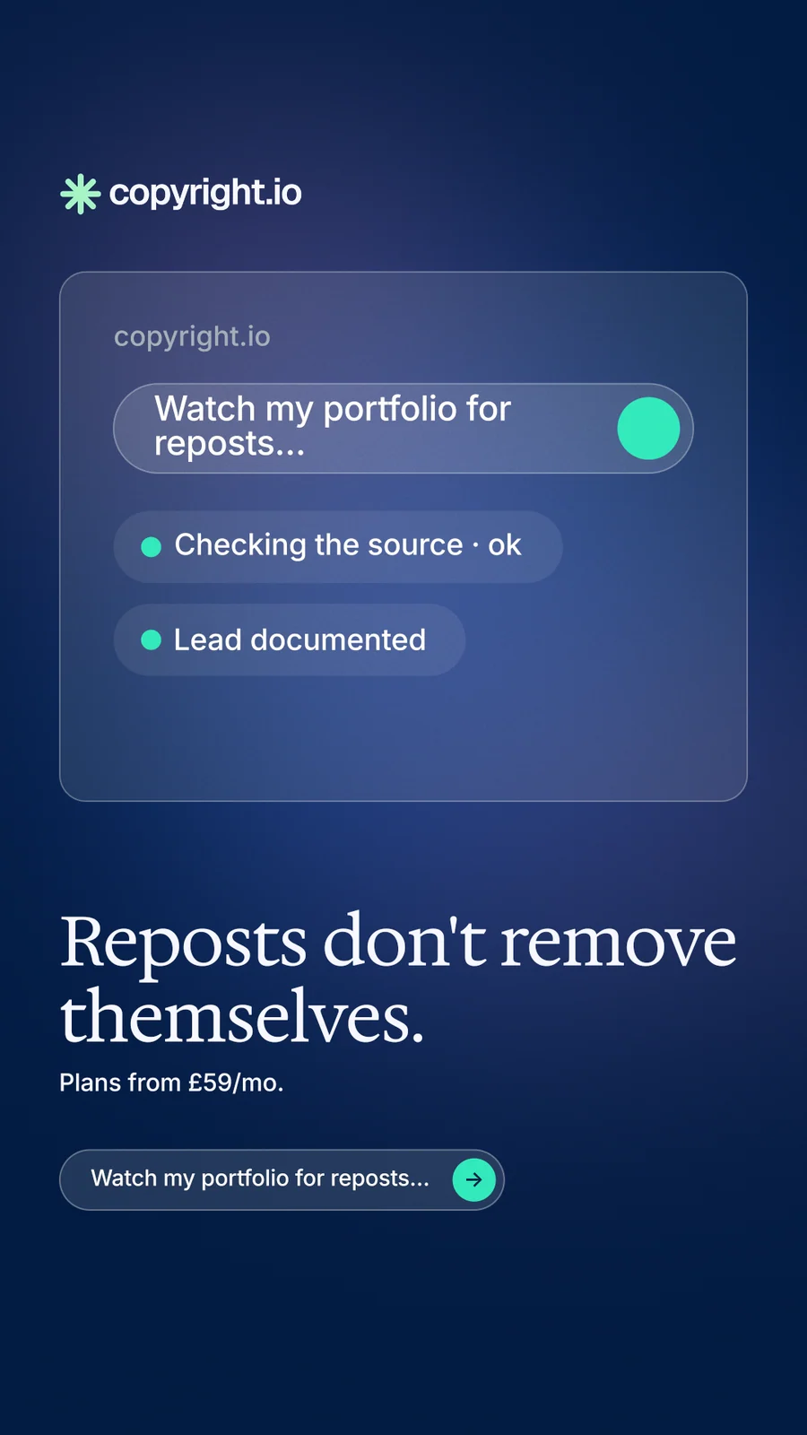 Instagram story for copyright.io: "Reposts don't remove themselves." Agentic glass style, bottom layout, dark palette in blue.