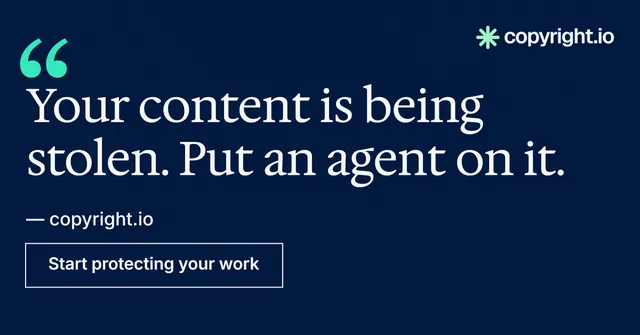 Social ad for copyright.io: "Find your reposted work." Editorial style, quote layout, dark palette in blue.