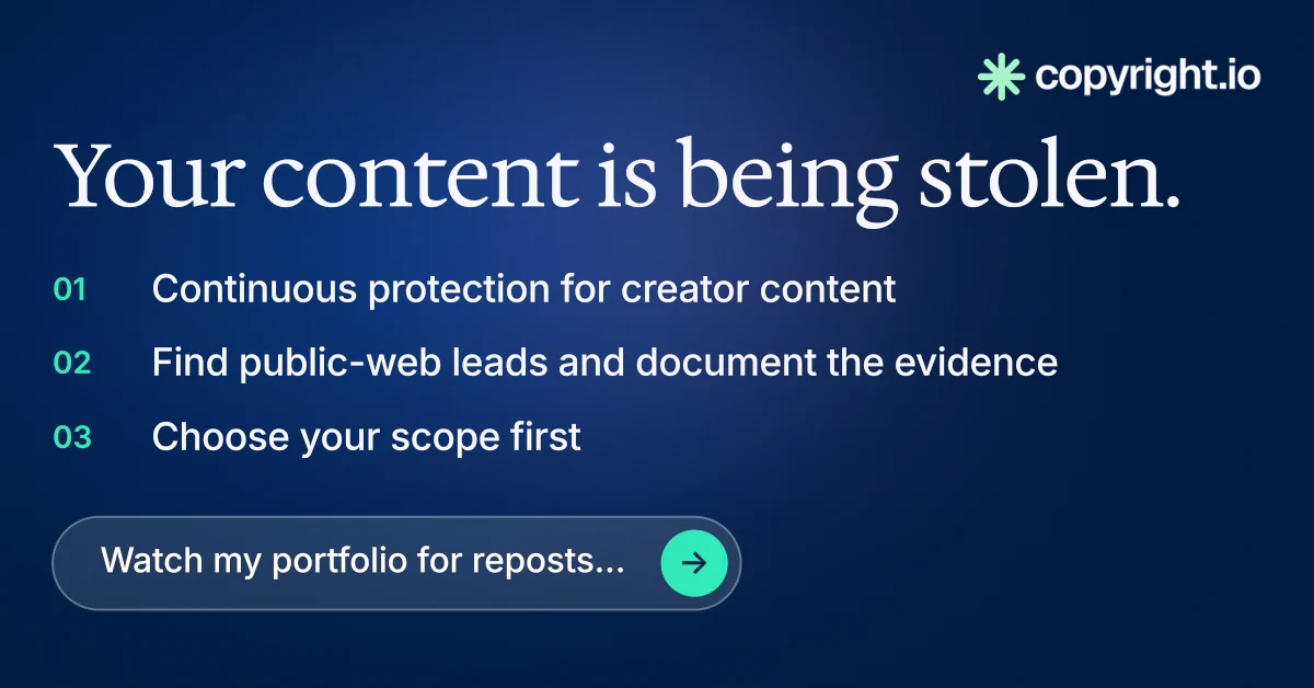 Social ad for copyright.io: "Your content is being stolen." Agentic glass style, numbered layout, dark palette in blue.