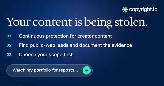 Social ad for copyright.io: "Your content is being stolen." Agentic glass style, numbered layout, dark palette in blue.
