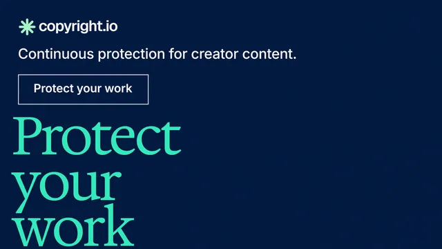 Landscape graphic for copyright.io: "Find your reposted work." Editorial style, oversized layout, dark palette in blue.