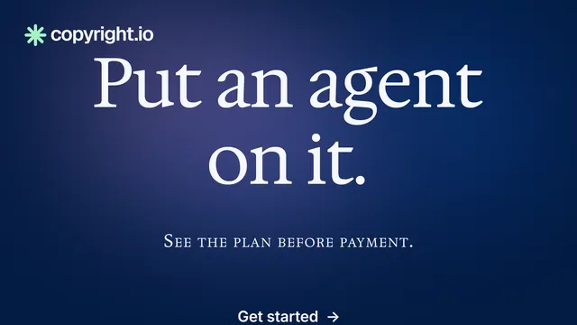 Landscape graphic for copyright.io: "Put an agent on it." Agentic glass style, smallcaps layout, dark palette in blue.