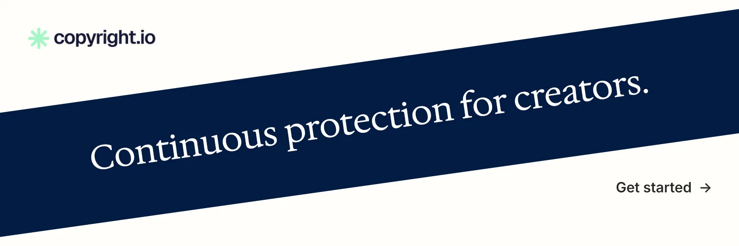 X header for copyright.io: "Continuous protection for creators." Minimal luxury style, diagonal layout, light palette in white, blue.