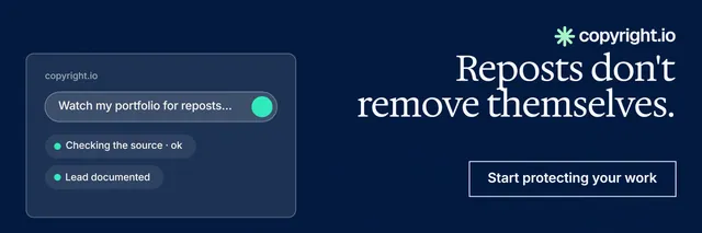 X header for copyright.io: "Reposts don't remove themselves." Editorial style, right layout, dark palette in blue.