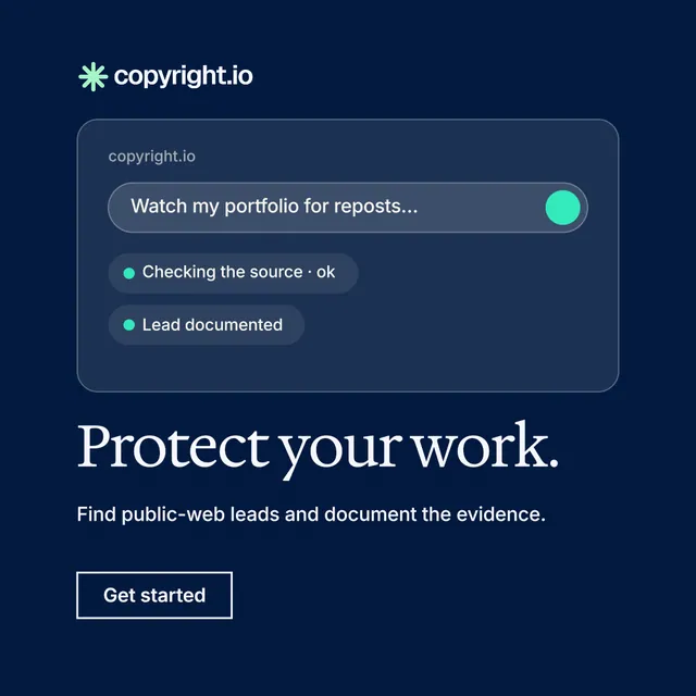 Instagram post for copyright.io: "Protect your work." Editorial style, bottom layout, dark palette in blue.