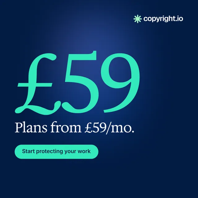Instagram post for copyright.io: "Put an agent on it." Y2K style, stat layout, dark palette in blue, teal.