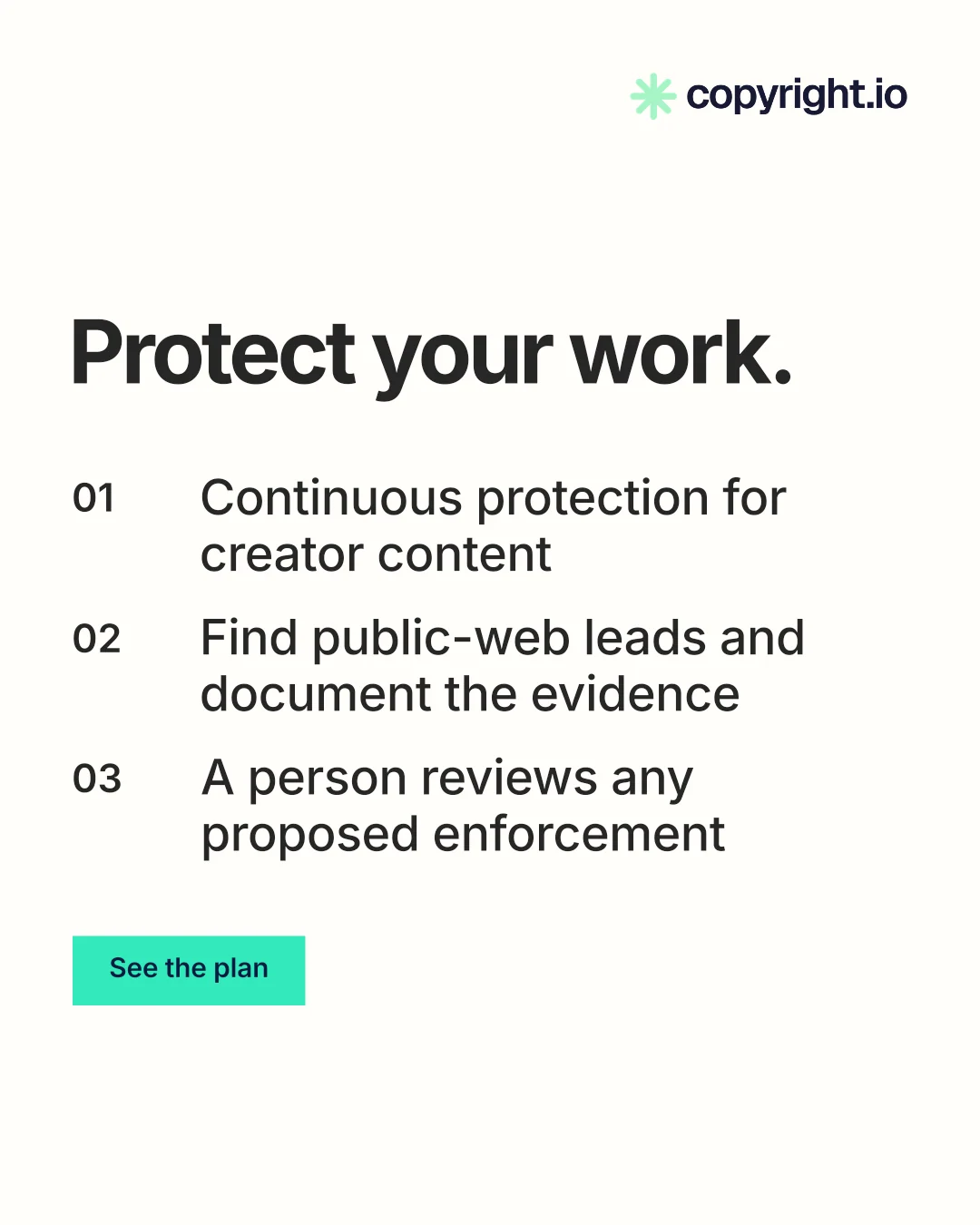 Instagram portrait post for copyright.io: "Protect your work." Swiss style, numbered layout, light palette in white, grey.