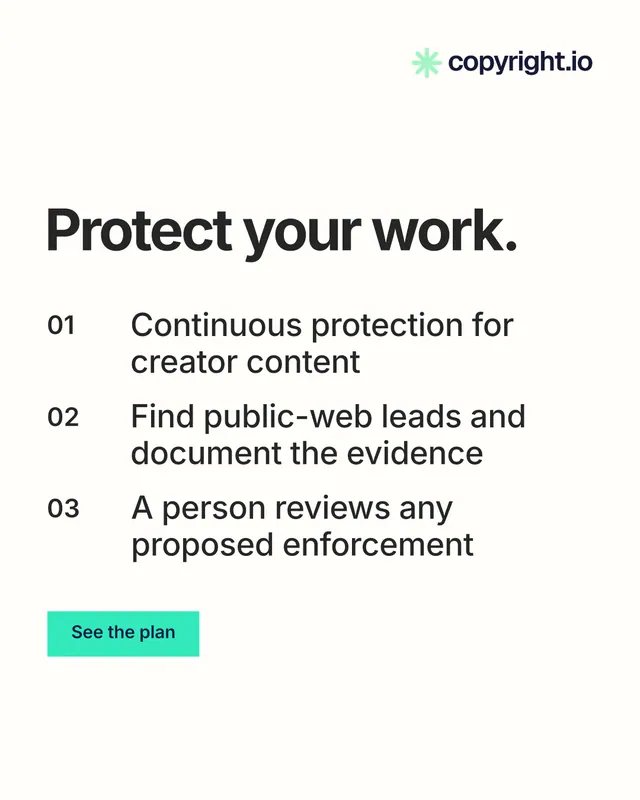 Instagram portrait post for copyright.io: "Protect your work." Swiss style, numbered layout, light palette in white, grey.