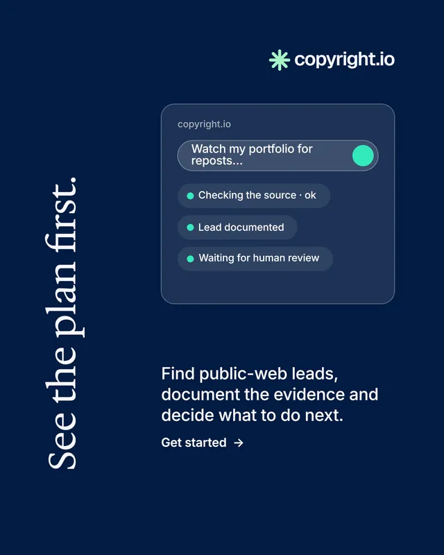 Instagram portrait post for copyright.io: "See the plan first." Minimal luxury style, vertical layout, dark palette in blue.