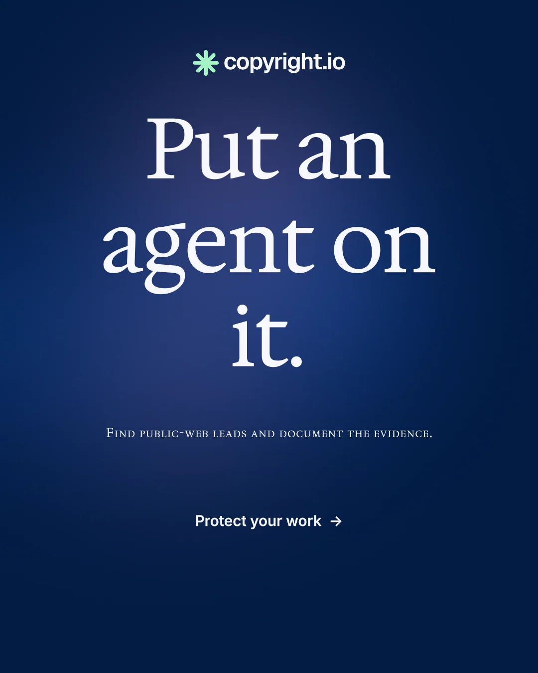 Instagram portrait post for copyright.io: "Put an agent on it." Y2K style, smallcaps layout, dark palette in blue.