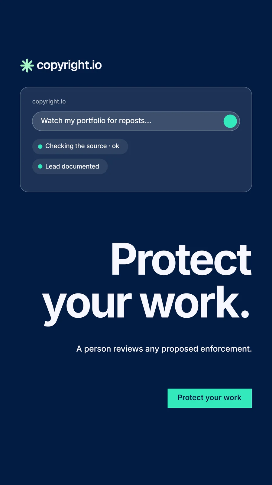 Instagram story for copyright.io: "Protect your work." Swiss style, right layout, dark palette in blue.