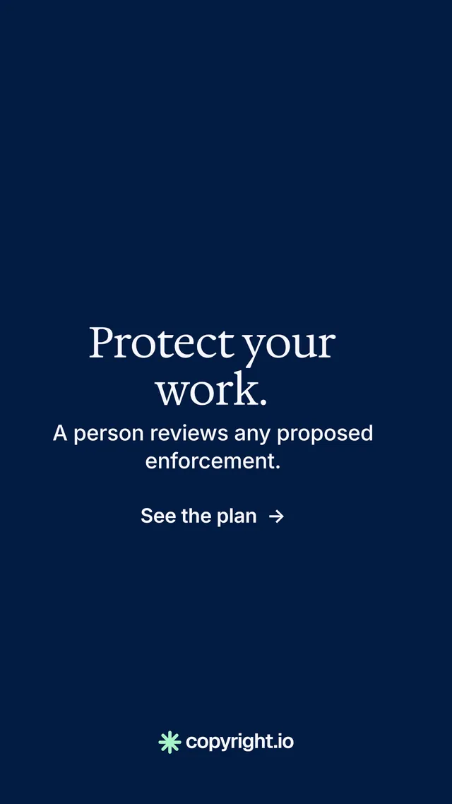 Instagram story for copyright.io: "Protect your work." Minimal luxury style, skeleton layout, dark palette in blue.