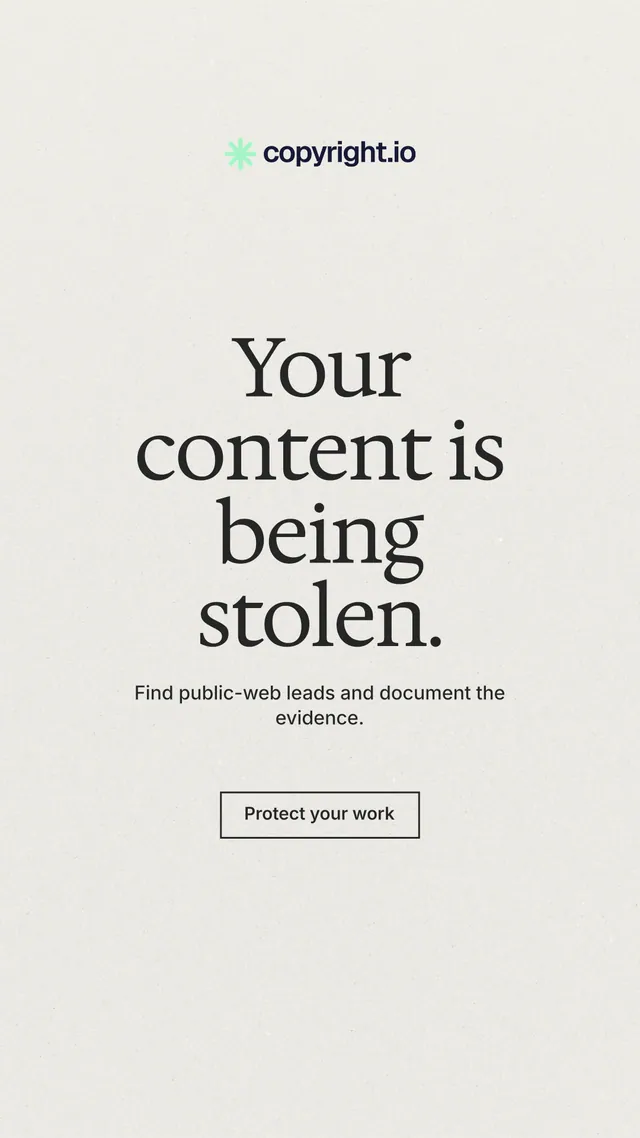 Instagram story for copyright.io: "Your content is being stolen." Editorial style, centred layout, light palette in white, grey.