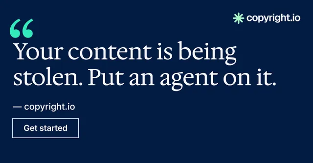 Social ad for copyright.io: "Your content is being stolen." Editorial style, quote layout, dark palette in blue.