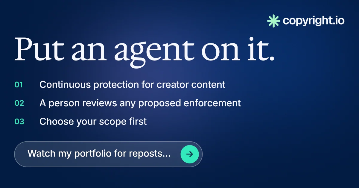 Social ad for copyright.io: "Put an agent on it." Agentic glass style, numbered layout, dark palette in blue.