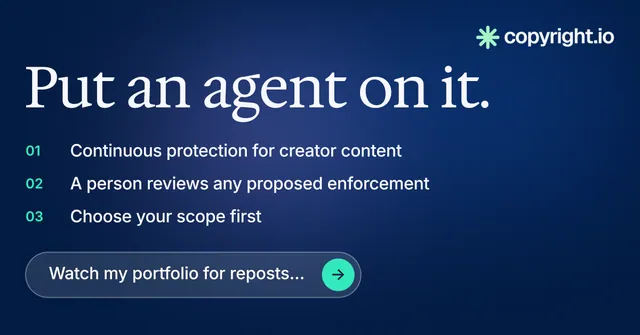 Social ad for copyright.io: "Put an agent on it." Agentic glass style, numbered layout, dark palette in blue.