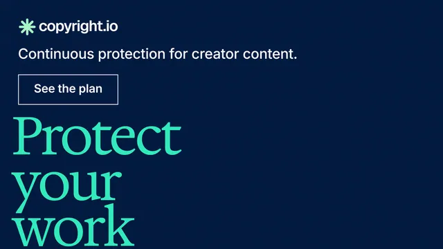 Landscape graphic for copyright.io: "See the plan first." Editorial style, oversized layout, dark palette in blue, teal.