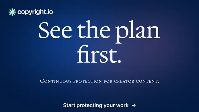Landscape graphic for copyright.io: "See the plan first." Agentic glass style, smallcaps layout, dark palette in blue.