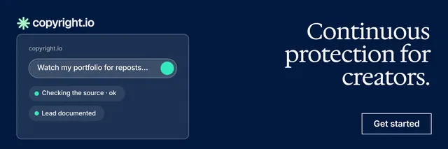 X header for copyright.io: "Continuous protection for creators." Editorial style, right layout, dark palette in blue.