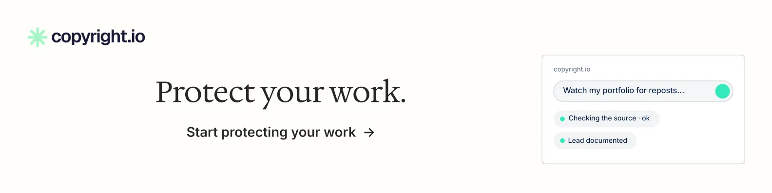LinkedIn banner for copyright.io: "Protect your work." Minimal luxury style, skeleton layout, light palette in white.