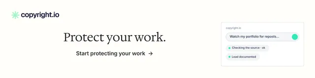 LinkedIn banner for copyright.io: "Protect your work." Minimal luxury style, skeleton layout, light palette in white.
