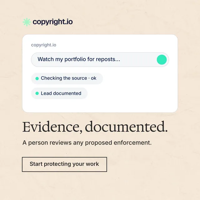 Instagram post for copyright.io: "Evidence, documented." Editorial style, bottom layout, light palette in orange, white, grey.