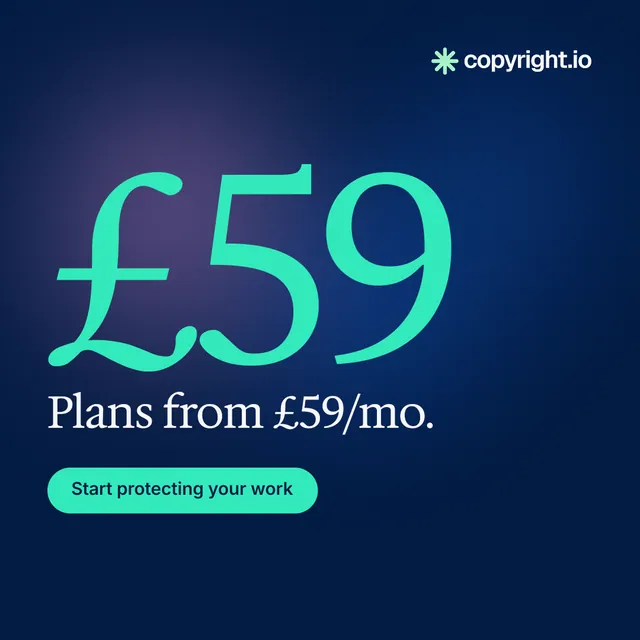 Instagram post for copyright.io: "See the plan first." Y2K style, stat layout, dark palette in blue, teal.