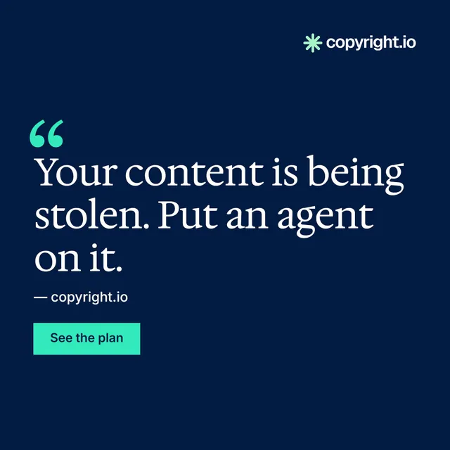 Instagram post for copyright.io: "Reposts don't remove themselves." Split block style, quote layout, dark palette in blue.