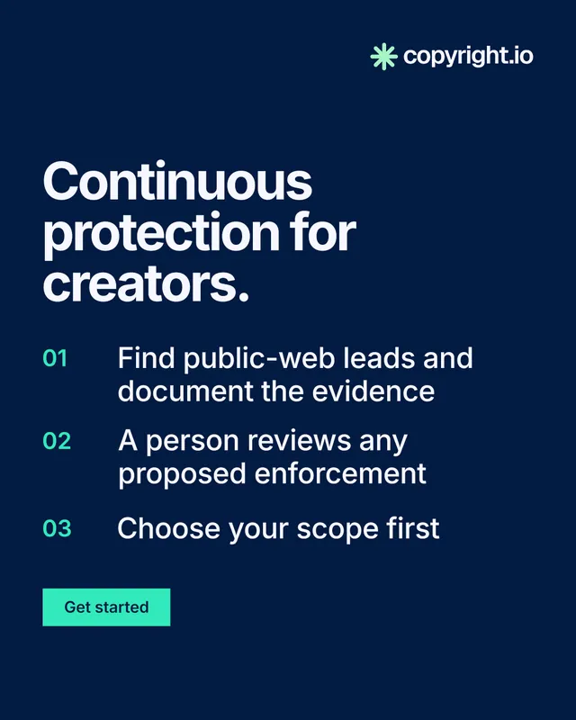 Instagram portrait post for copyright.io: "Continuous protection for creators." Swiss style, numbered layout, dark palette in blue.