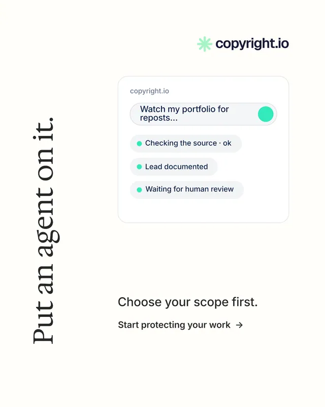 Instagram portrait post for copyright.io: "Put an agent on it." Minimal luxury style, vertical layout, light palette in white.