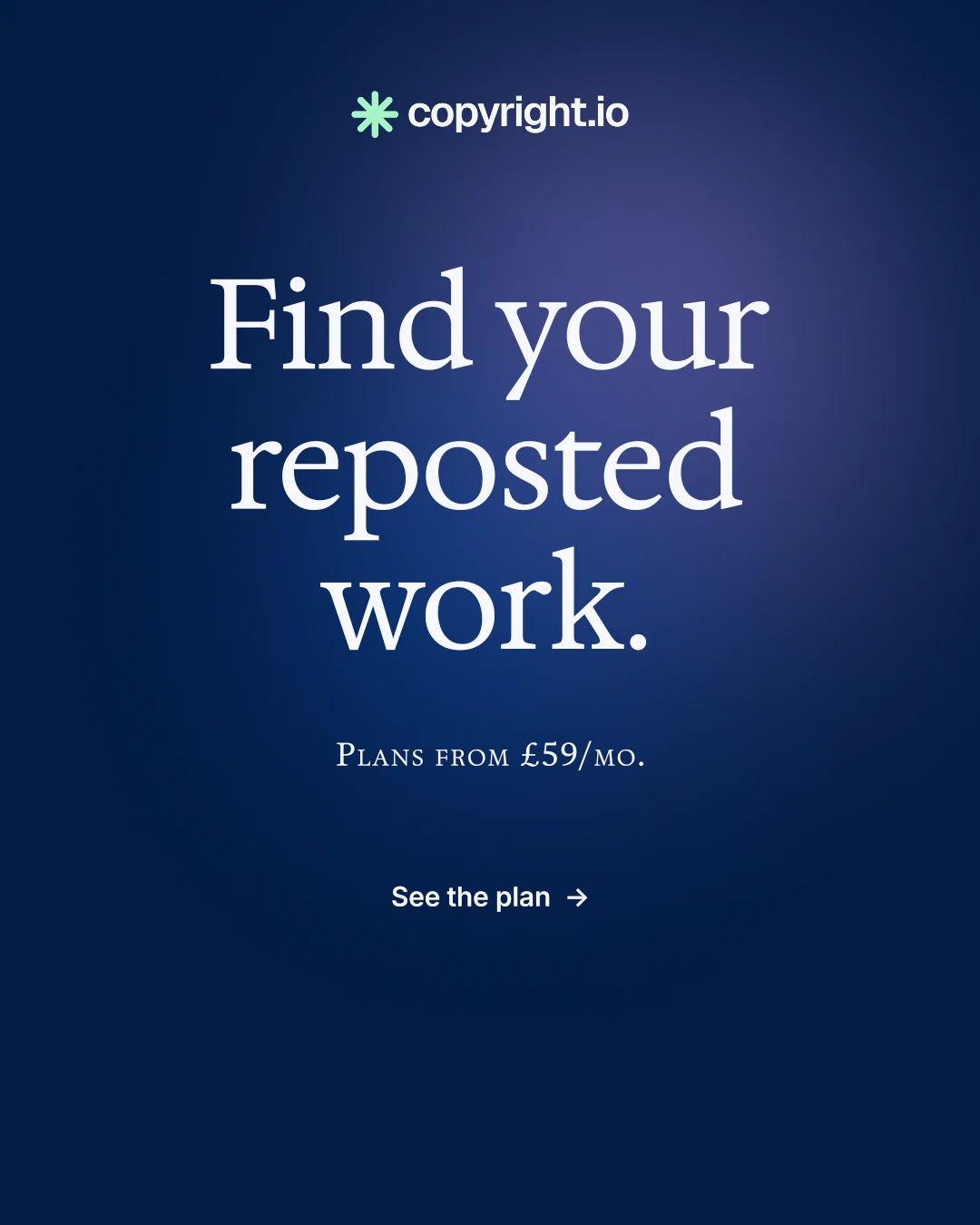 Instagram portrait post for copyright.io: "Find your reposted work." Y2K style, smallcaps layout, dark palette in blue.