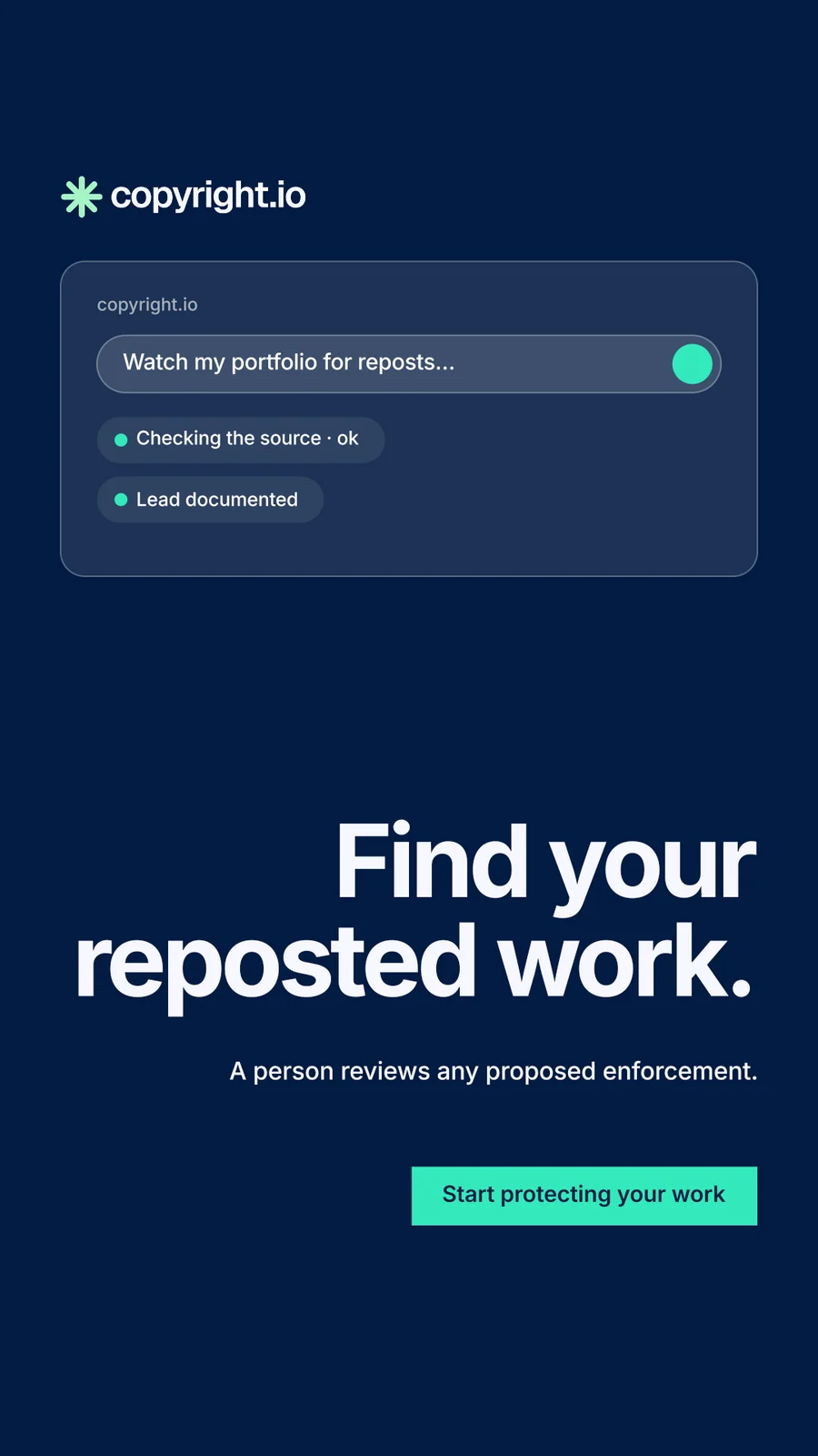 Instagram story for copyright.io: "Find your reposted work." Swiss style, right layout, dark palette in blue.