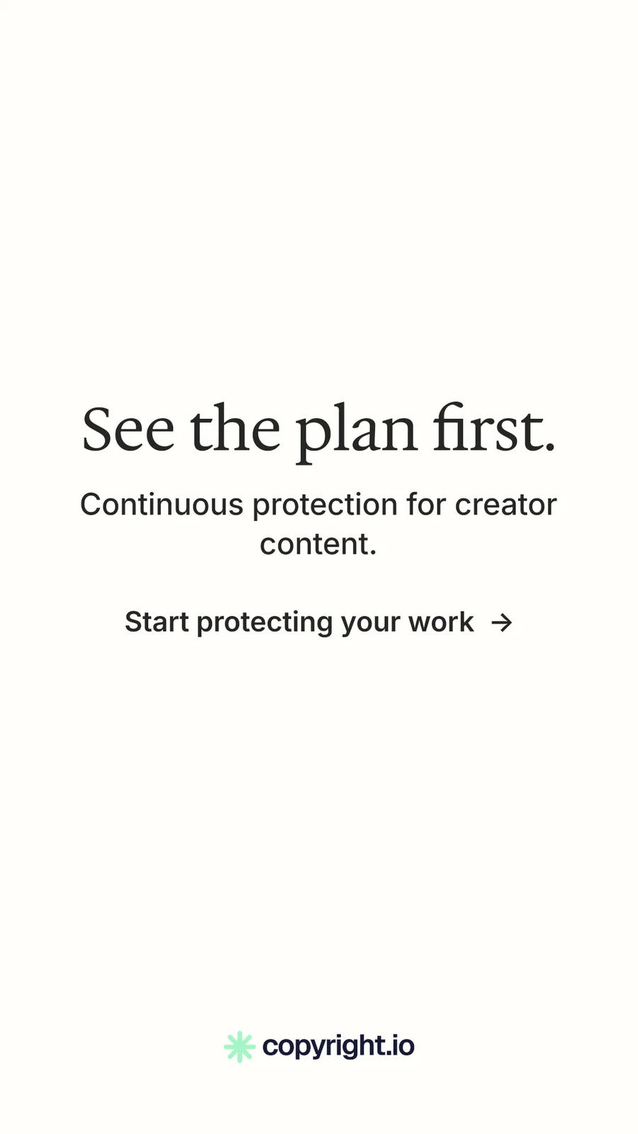 Instagram story for copyright.io: "See the plan first." Minimal luxury style, skeleton layout, light palette in white.