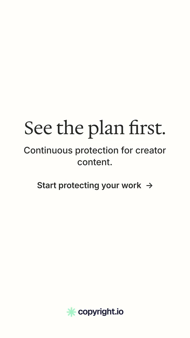 Instagram story for copyright.io: "See the plan first." Minimal luxury style, skeleton layout, light palette in white.
