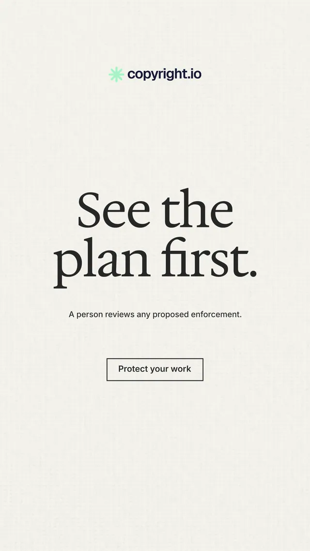Instagram story for copyright.io: "See the plan first." Editorial style, centred layout, light palette in white.
