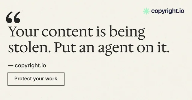 Social ad for copyright.io: "Reposts don't remove themselves." Editorial style, quote layout, light palette in white, grey.