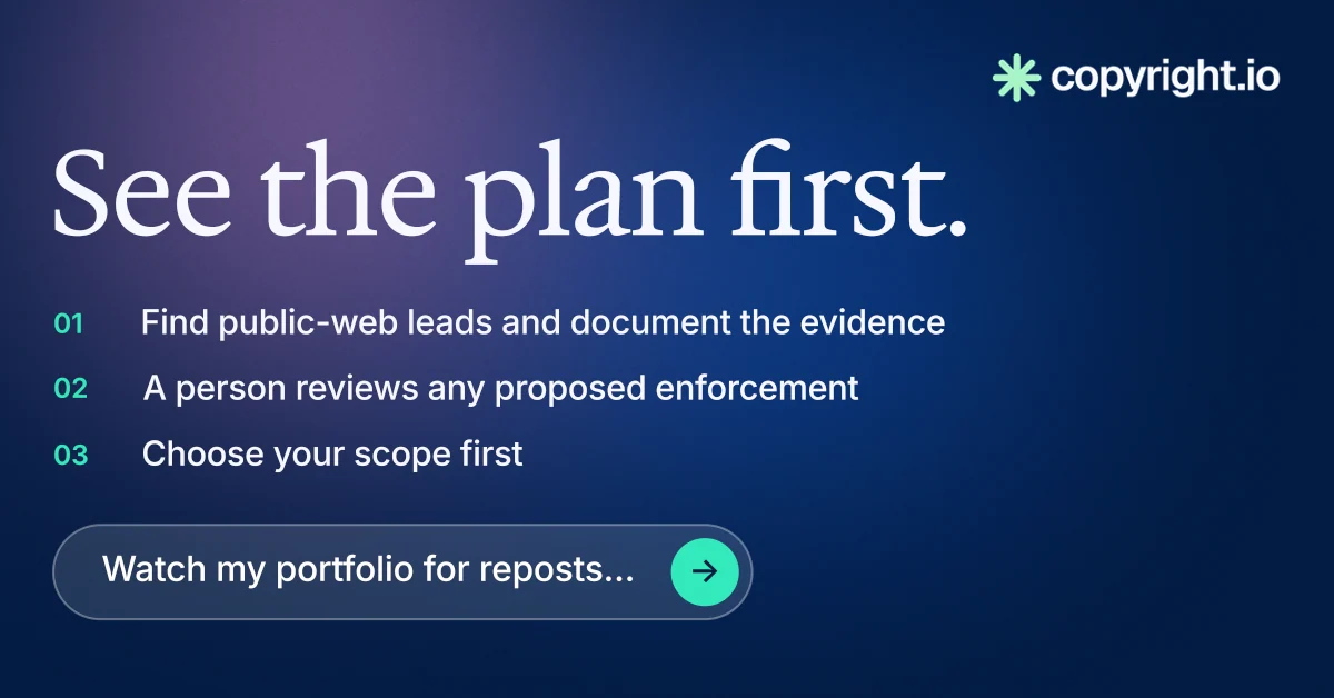 Social ad for copyright.io: "See the plan first." Agentic glass style, numbered layout, dark palette in blue.