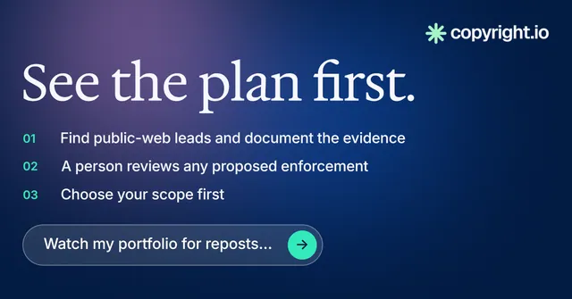 Social ad for copyright.io: "See the plan first." Agentic glass style, numbered layout, dark palette in blue.
