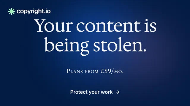 Landscape graphic for copyright.io: "Your content is being stolen." Agentic glass style, smallcaps layout, dark palette in blue.