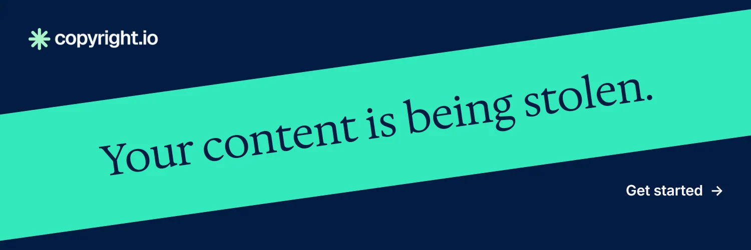 X header for copyright.io: "Your content is being stolen." Minimal luxury style, diagonal layout, dark palette in blue, teal.