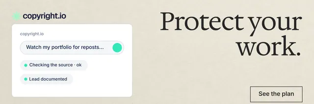 X header for copyright.io: "Protect your work." Editorial style, right layout, light palette in yellow, white, grey.