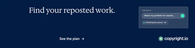 LinkedIn banner for copyright.io: "Find your reposted work." Minimal luxury style, skeleton layout, dark palette in blue.