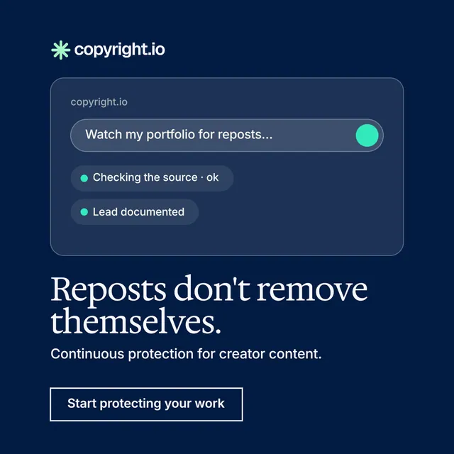 Instagram post for copyright.io: "Reposts don't remove themselves." Editorial style, bottom layout, dark palette in blue.