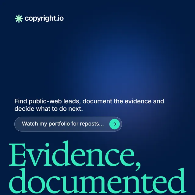 Instagram post for copyright.io: "Reposts don't remove themselves." Agentic glass style, oversized layout, dark palette in blue.