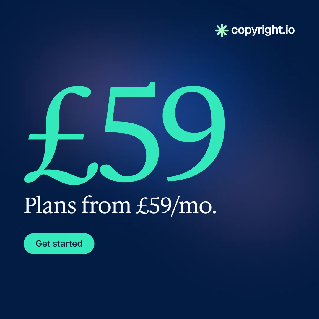Instagram post for copyright.io: "See the plan first." Y2K style, stat layout, dark palette in blue.