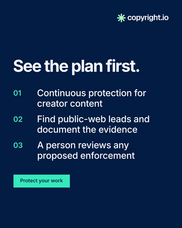 Instagram portrait post for copyright.io: "See the plan first." Swiss style, numbered layout, dark palette in blue.