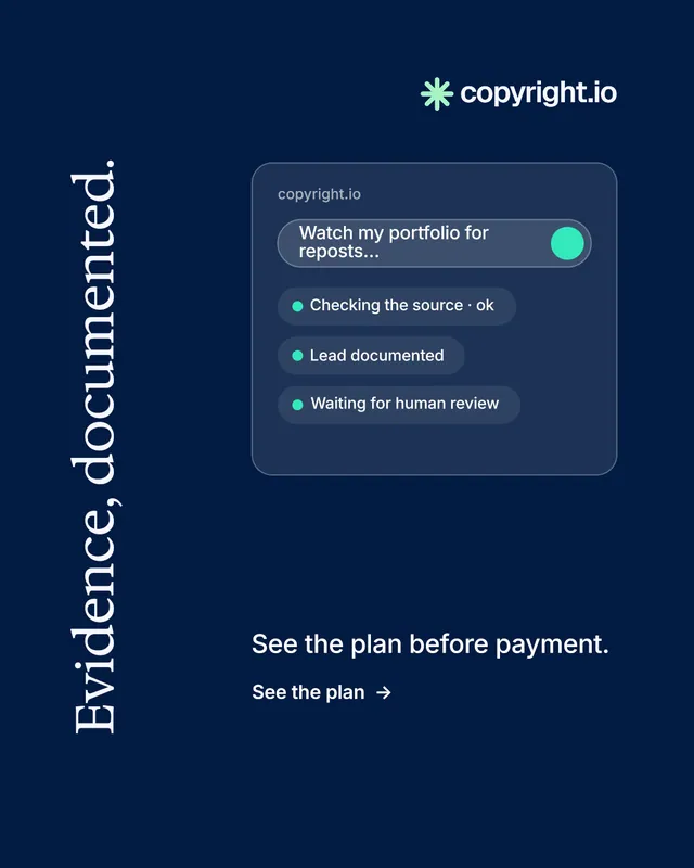 Instagram portrait post for copyright.io: "Evidence, documented." Minimal luxury style, vertical layout, dark palette in blue.