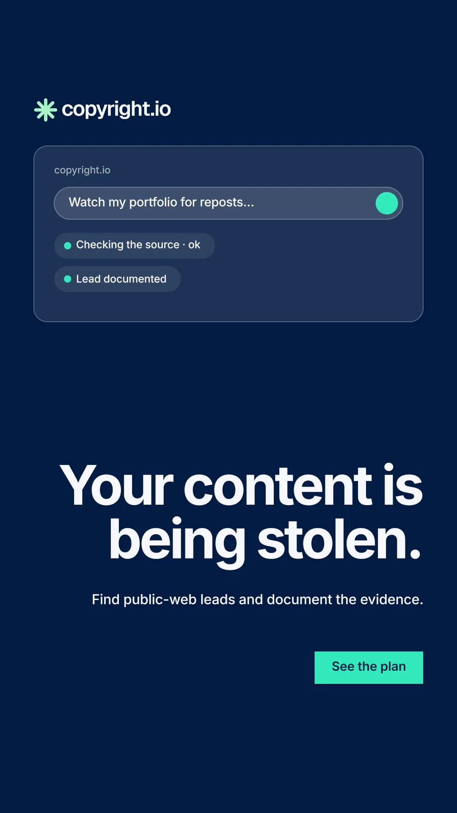 Instagram story for copyright.io: "Your content is being stolen." Swiss style, right layout, dark palette in blue.