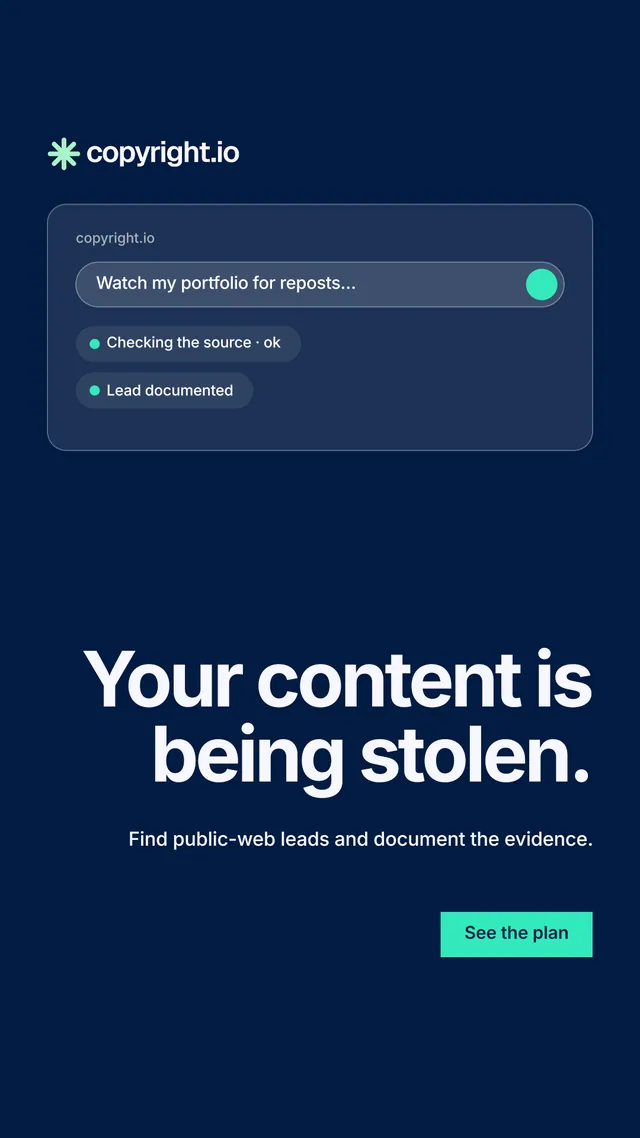 Instagram story for copyright.io: "Your content is being stolen." Swiss style, right layout, dark palette in blue.