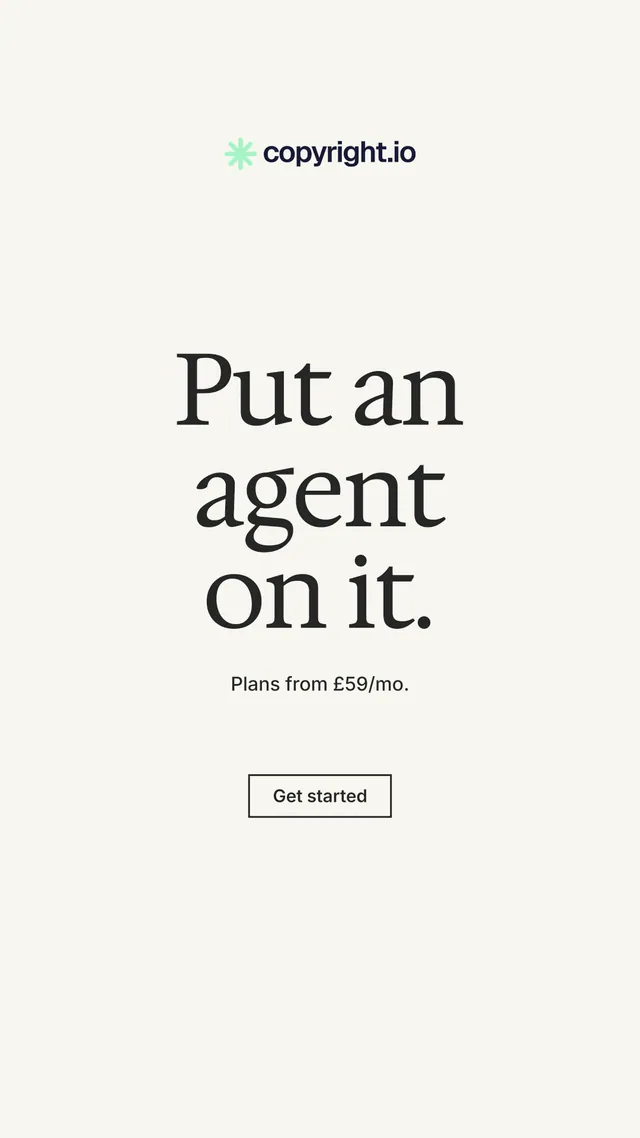 Instagram story for copyright.io: "Put an agent on it." Editorial style, centred layout, light palette in white, grey.